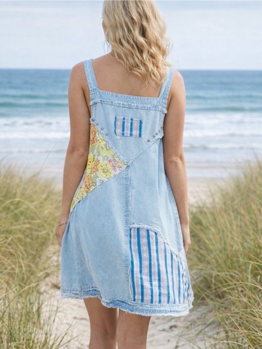 Light Blue Denim Patchwork Sundress with Floral & Stripe Panels - Picture 2 of 9